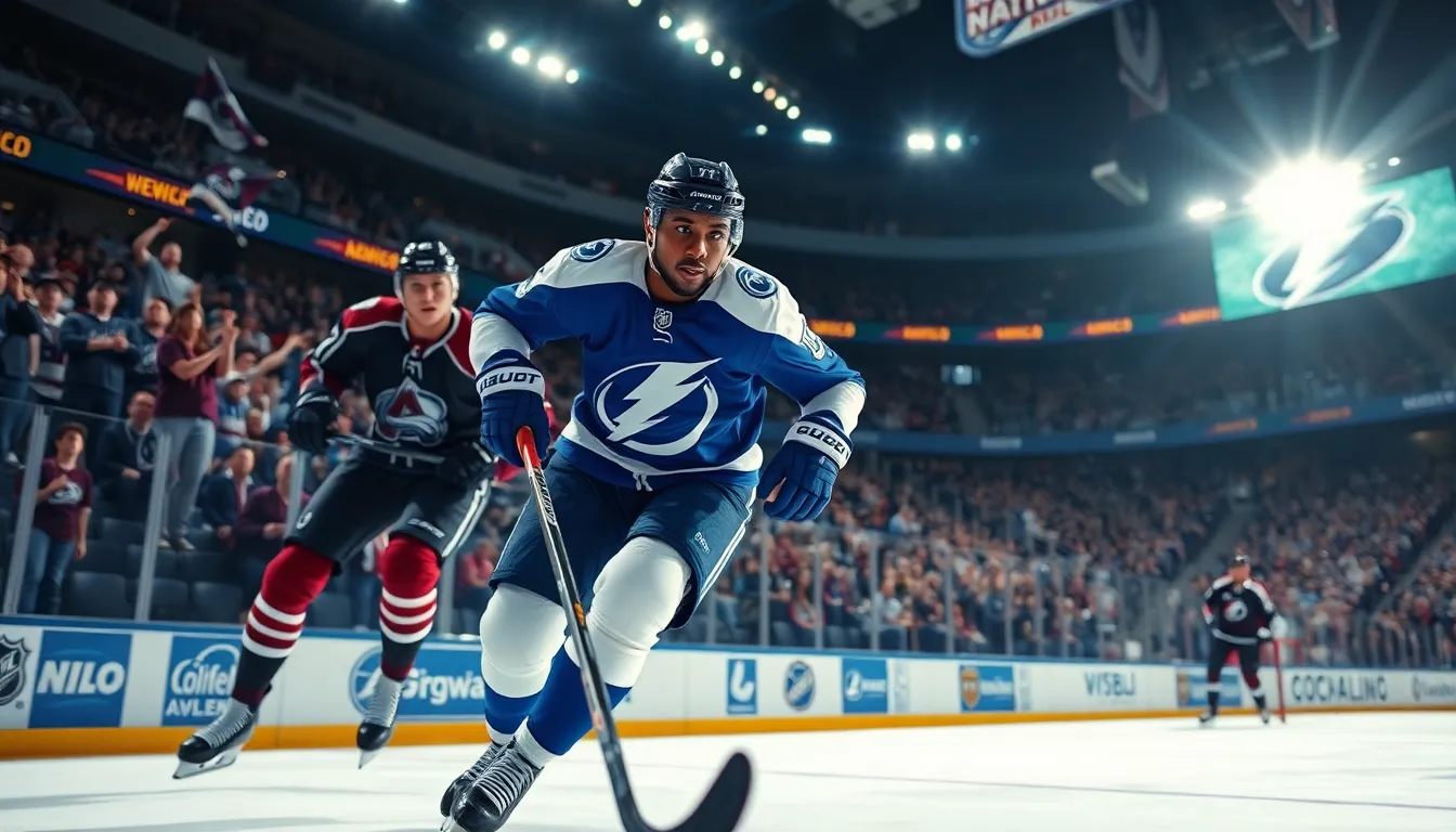 A Tampa Bay Lightning player skating with the puck in a lively hockey game.