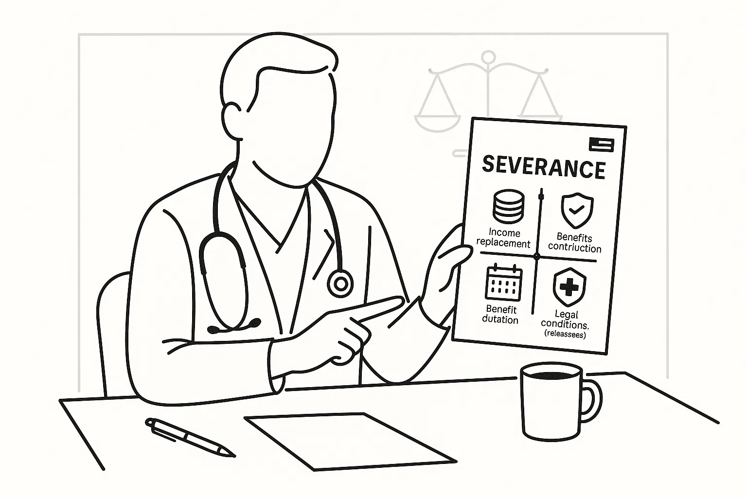 PA at desk pointing to a contract page labeled “Severance” with payment icons.