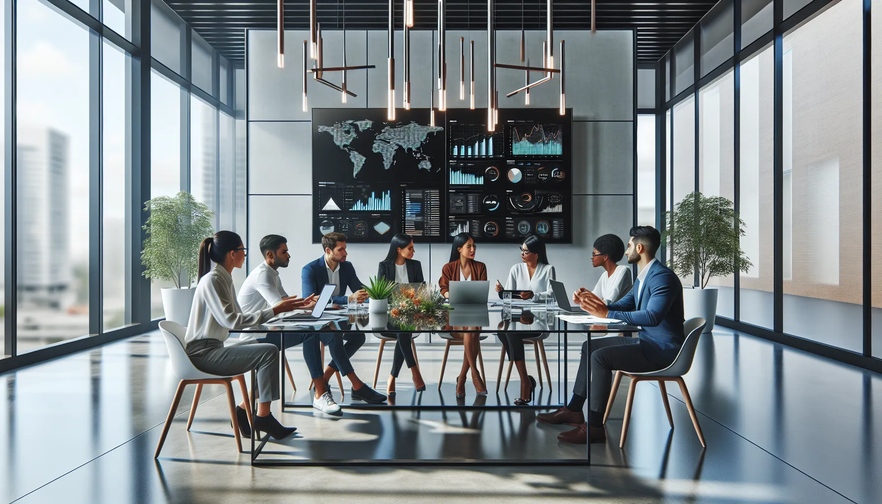 diverse professionals collaborating in a modern office setting.