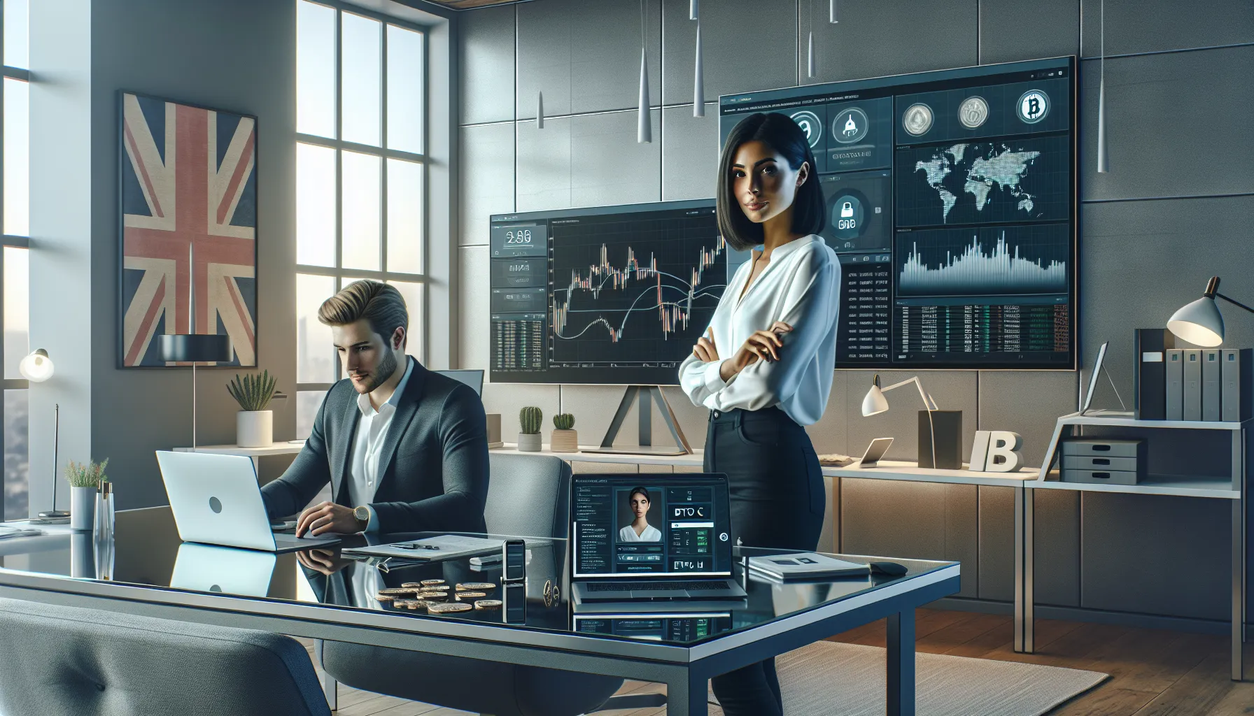 Professionals setting up Pionex trading account with security verification and cryptocurrency charts displayed.