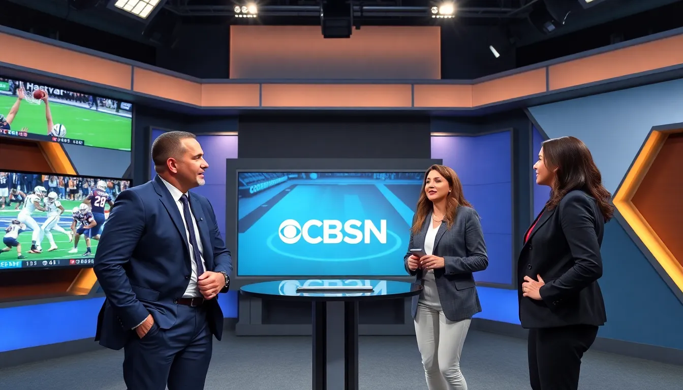 Sports analysts discussing programming in a modern studio.