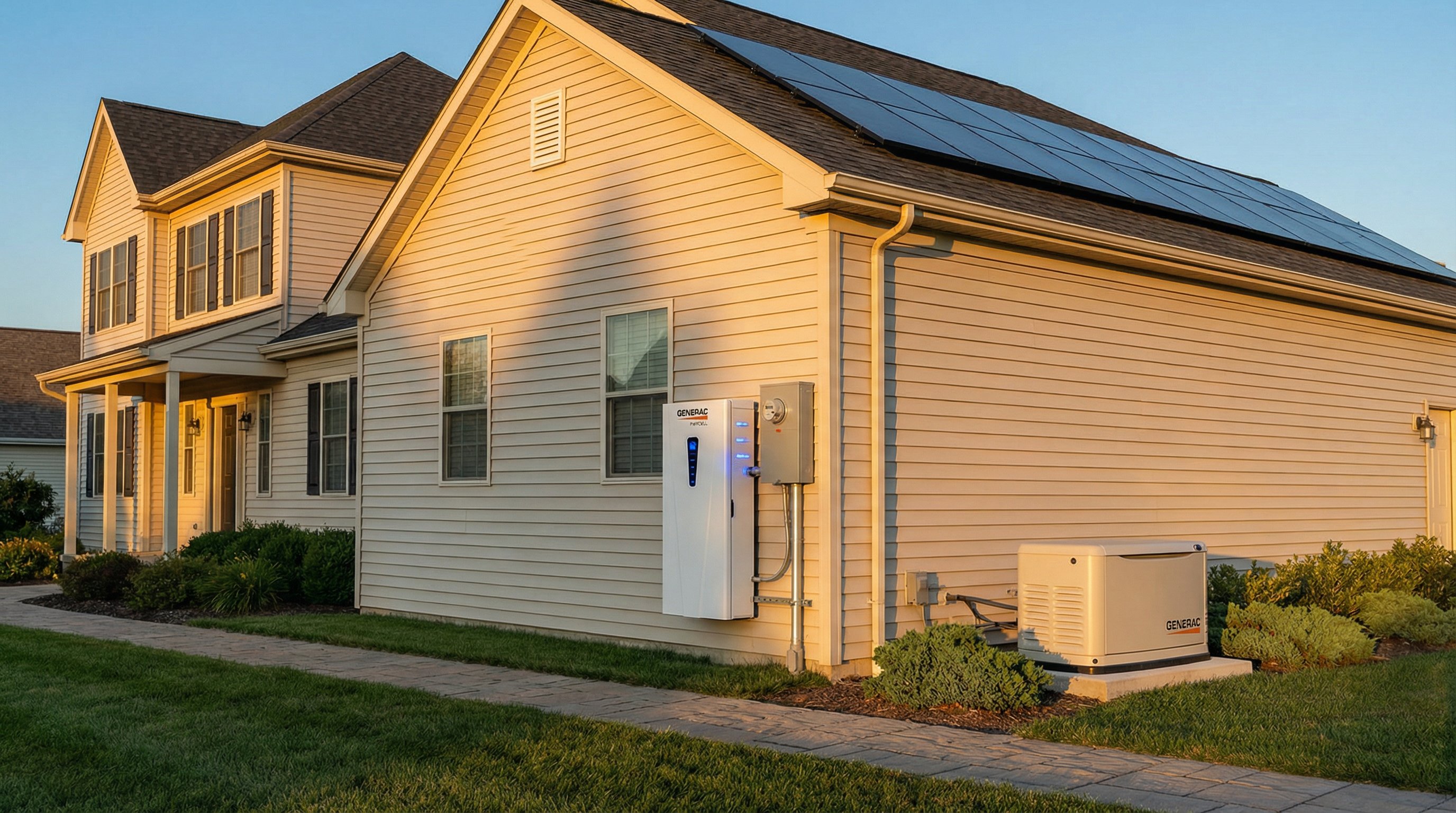 Generac PWRcell battery installed on suburban home with solar panels and standby generator.