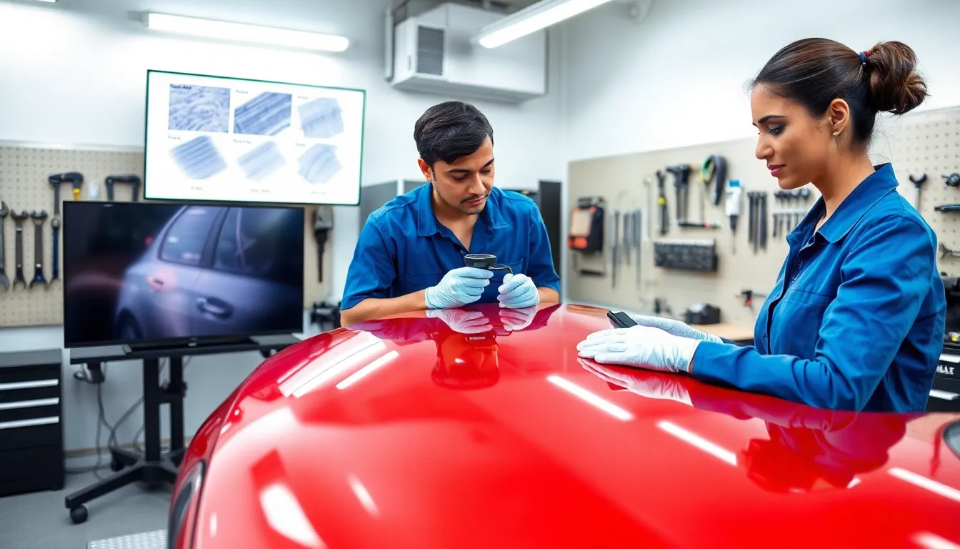 technician inspecting car scratches in a modern repair workshop.