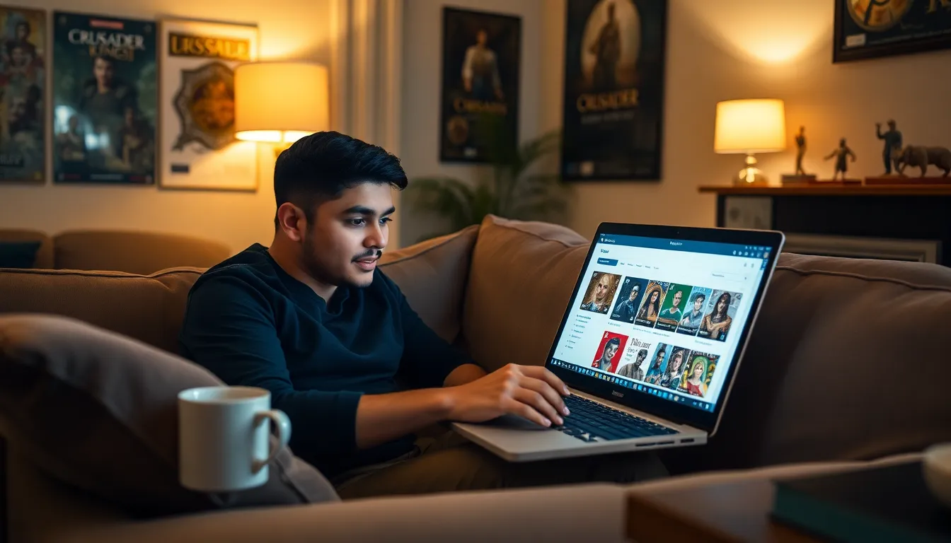 a young man using ck2generator website on his laptop in a cozy living room.