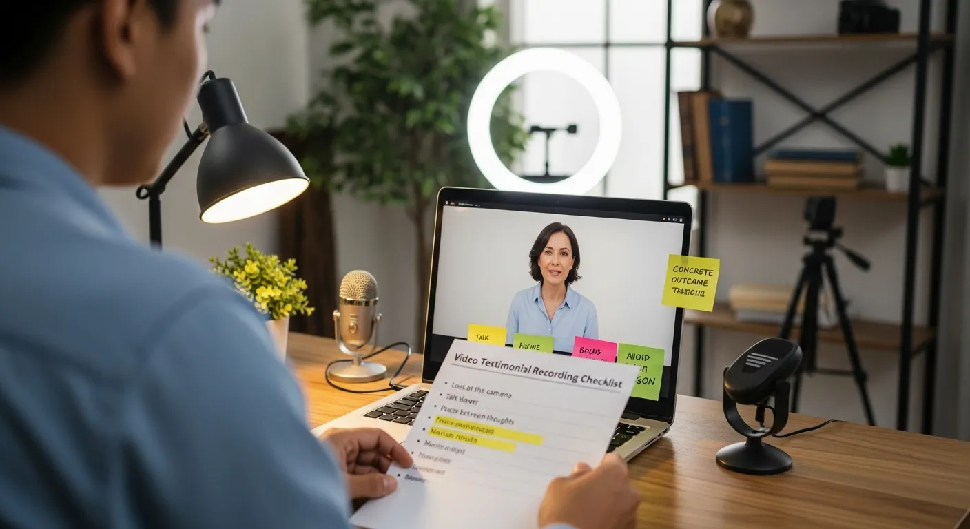 Marketer coaching a client on Zoom using a printed video testimonial checklist.