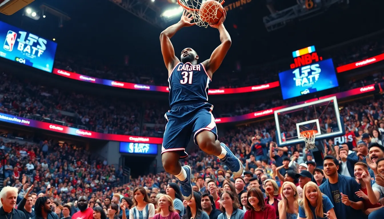 Victor Wembanyama performing a slam dunk in a crowded NBA arena.