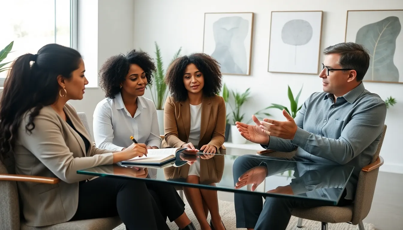 diverse group discussing relationship concerns in a modern office.