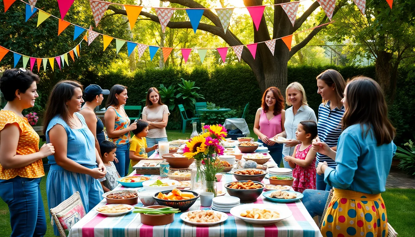 diverse group celebrating a thrifty event in a backyard setting.