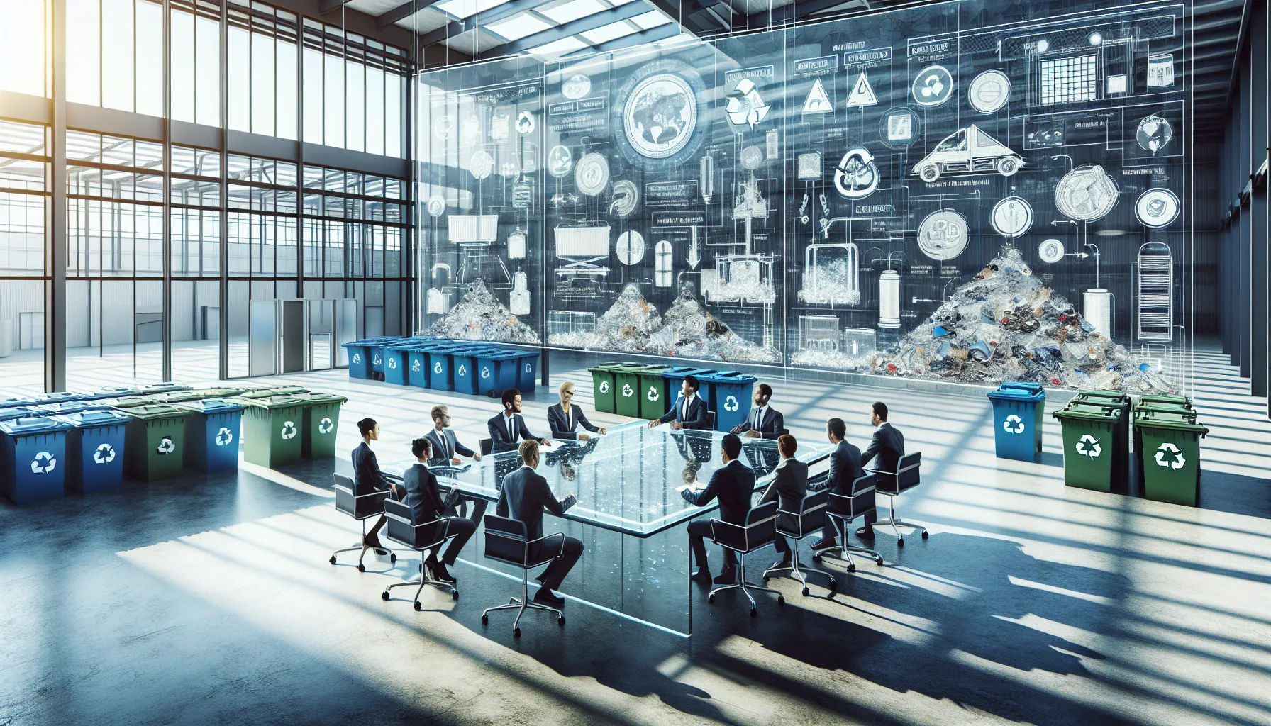 diverse team discussing recycling methods in a modern workspace.