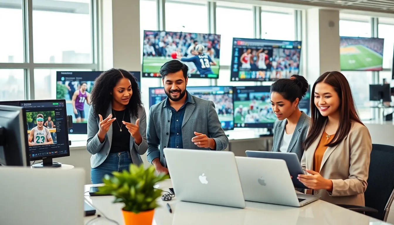 diverse team engaging with sports content in a modern workspace.