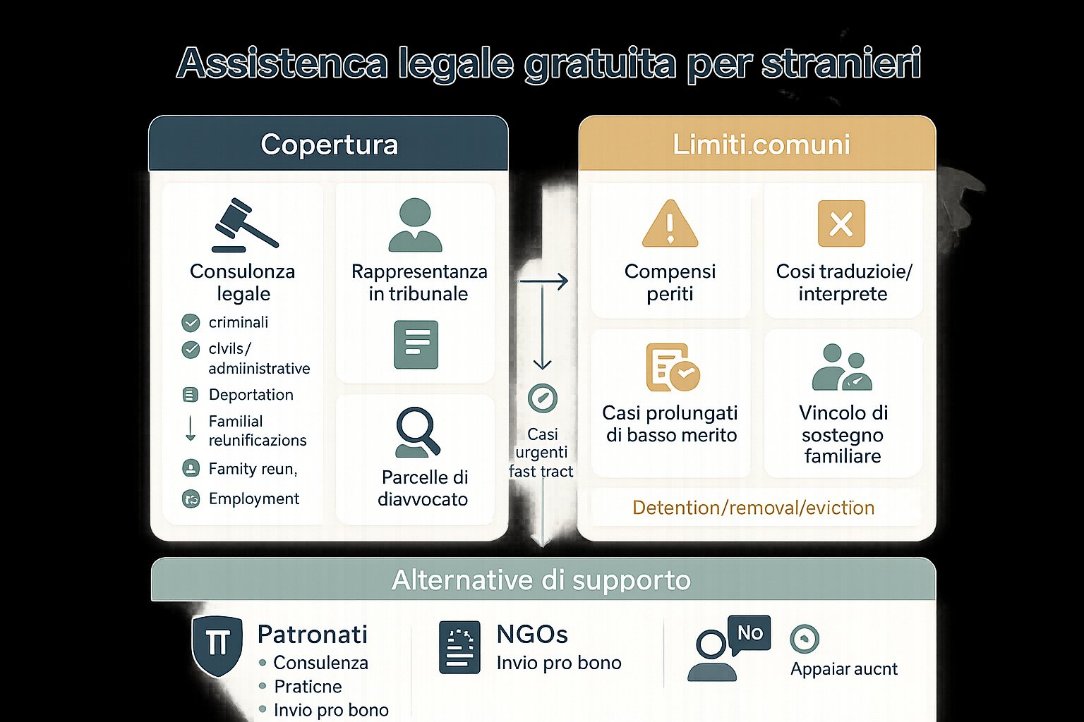 Infografica a due pannelli che mostra servizi coperti, limiti e supporto per immigrati in Italia.