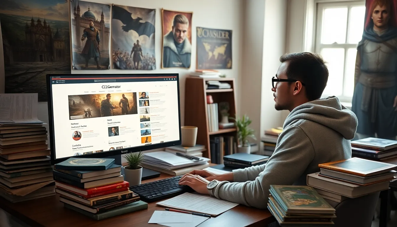 A gamer studying the CK2Generator website at his desk.