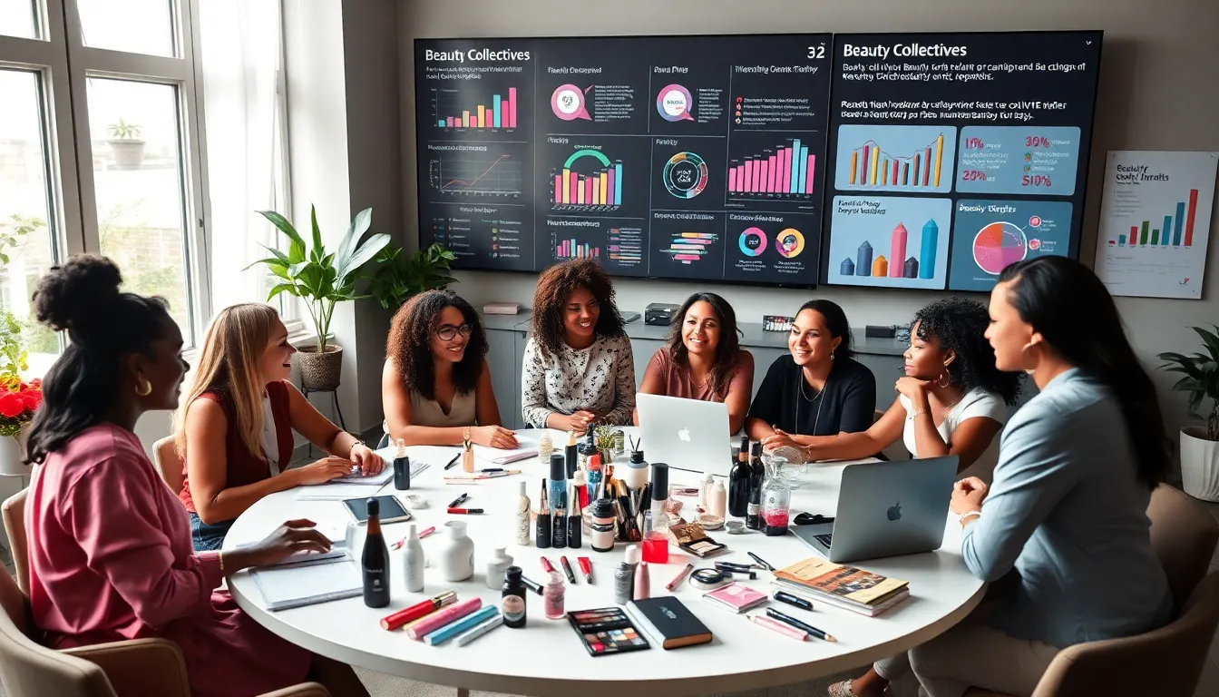 diverse group collaborating in a modern beauty collective setting.
