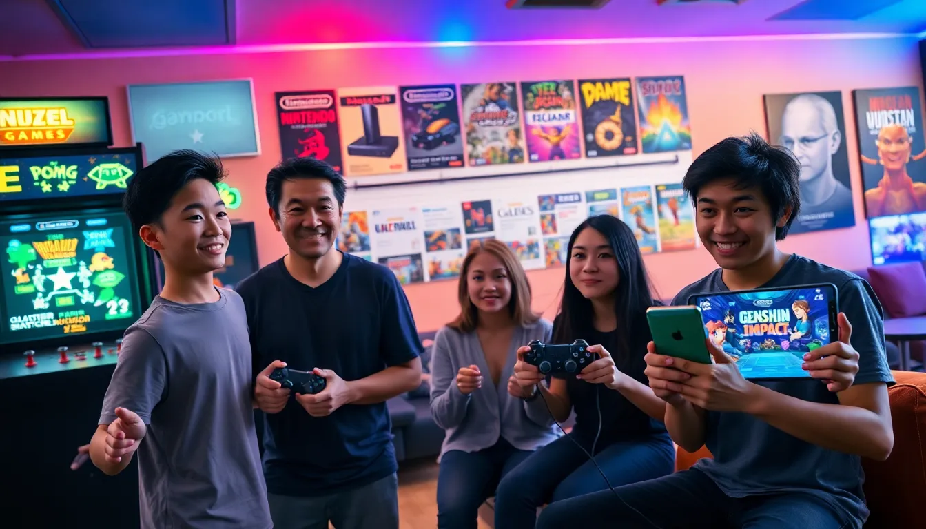 diverse gamers enjoying different devices showcasing the evolution of gaming.