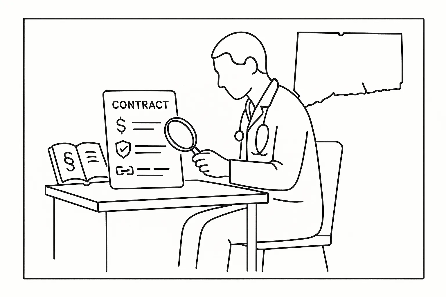 Physician assistant examining a contract with icons for risk, compliance, and noncompete of Connecticut Physician Assistant Contract Review.