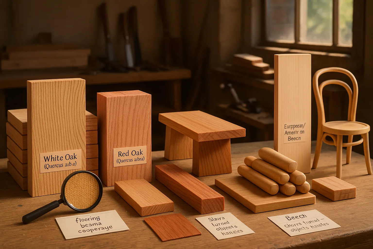 Labeled oak and beech boards and finished wood pieces on a sunlit workbench.