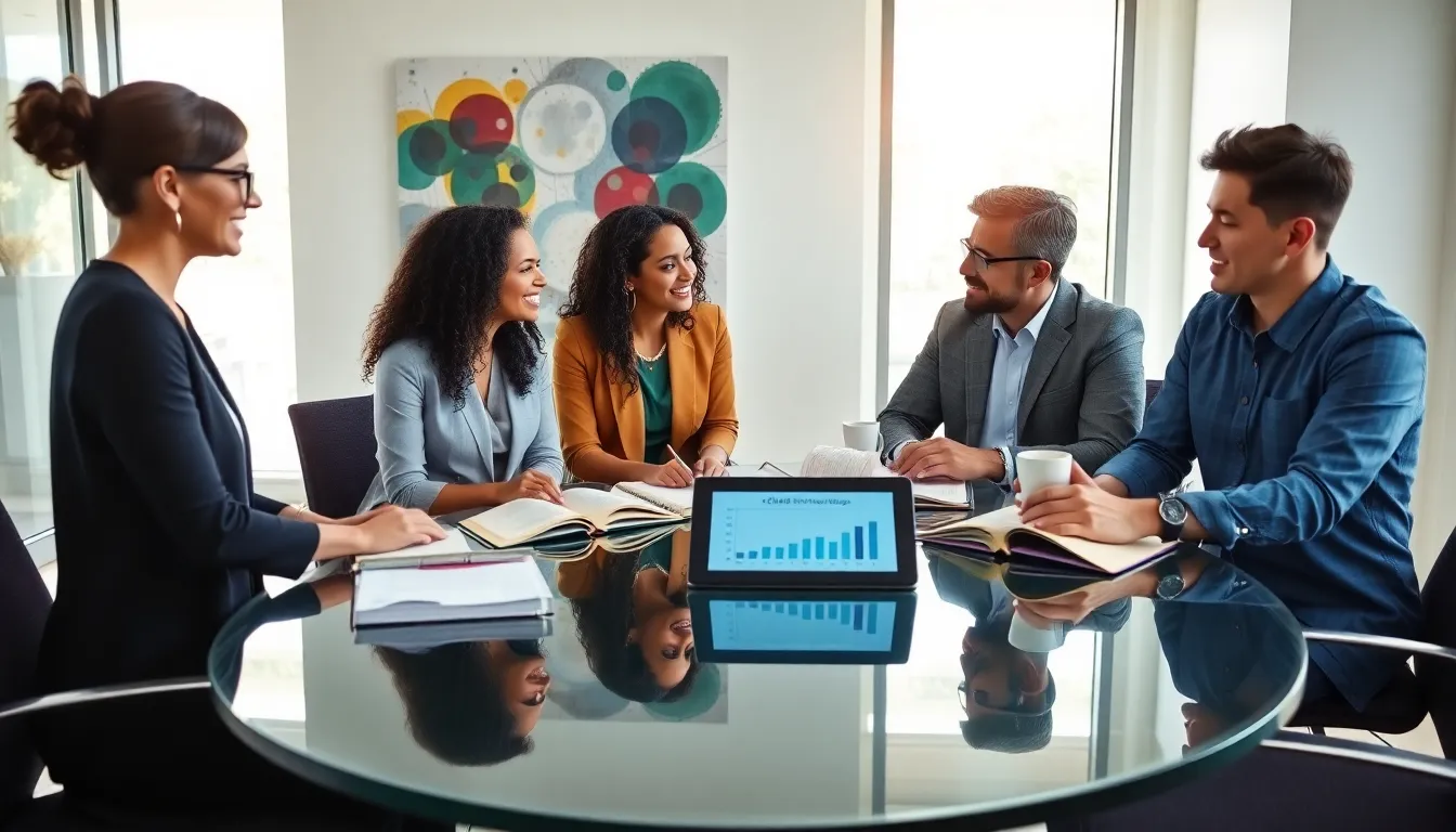 diverse team discussing child development in a modern office.
