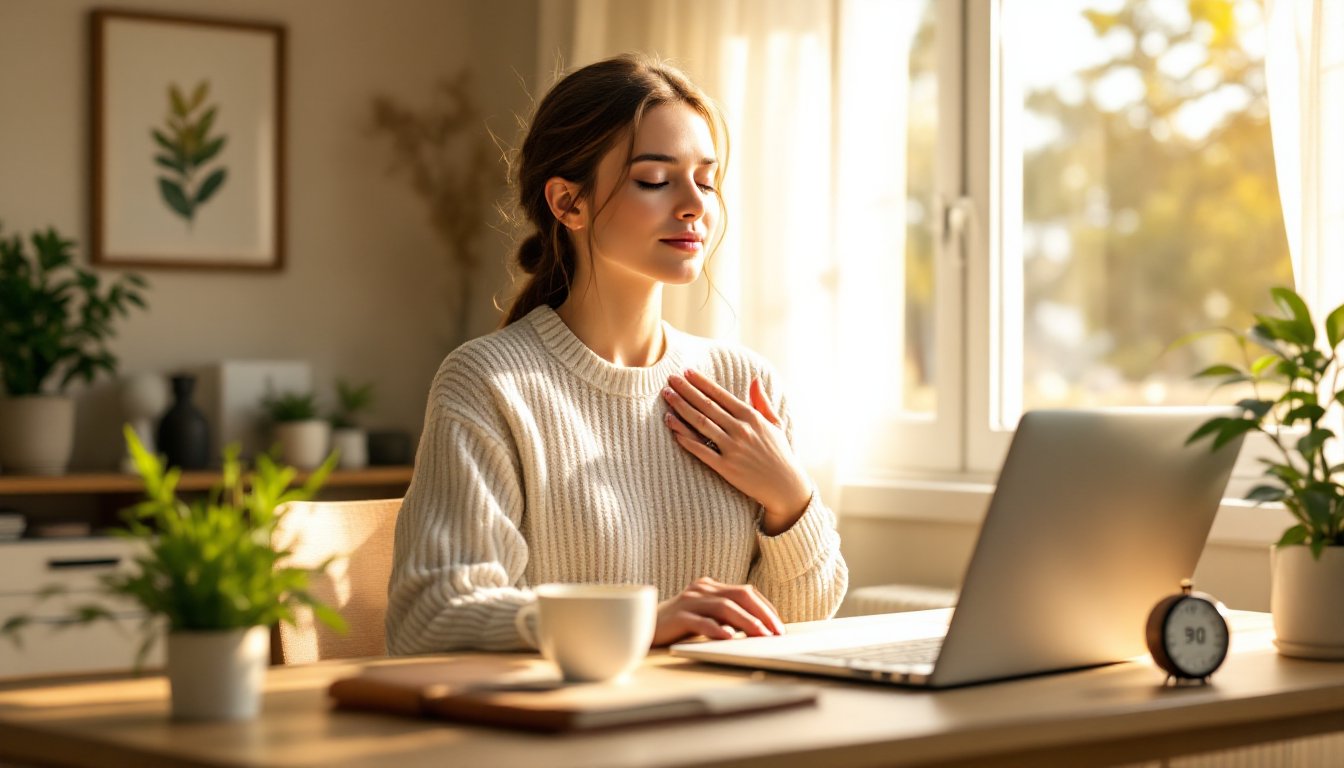 A woman pausing at her desk to take slow mindful breaths during a workday break.