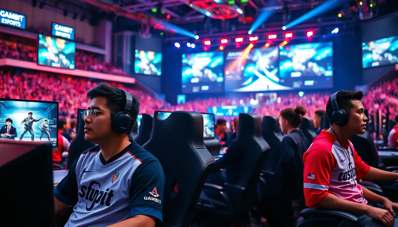 gamers from Gambit Esports competing in a vibrant esports tournament.