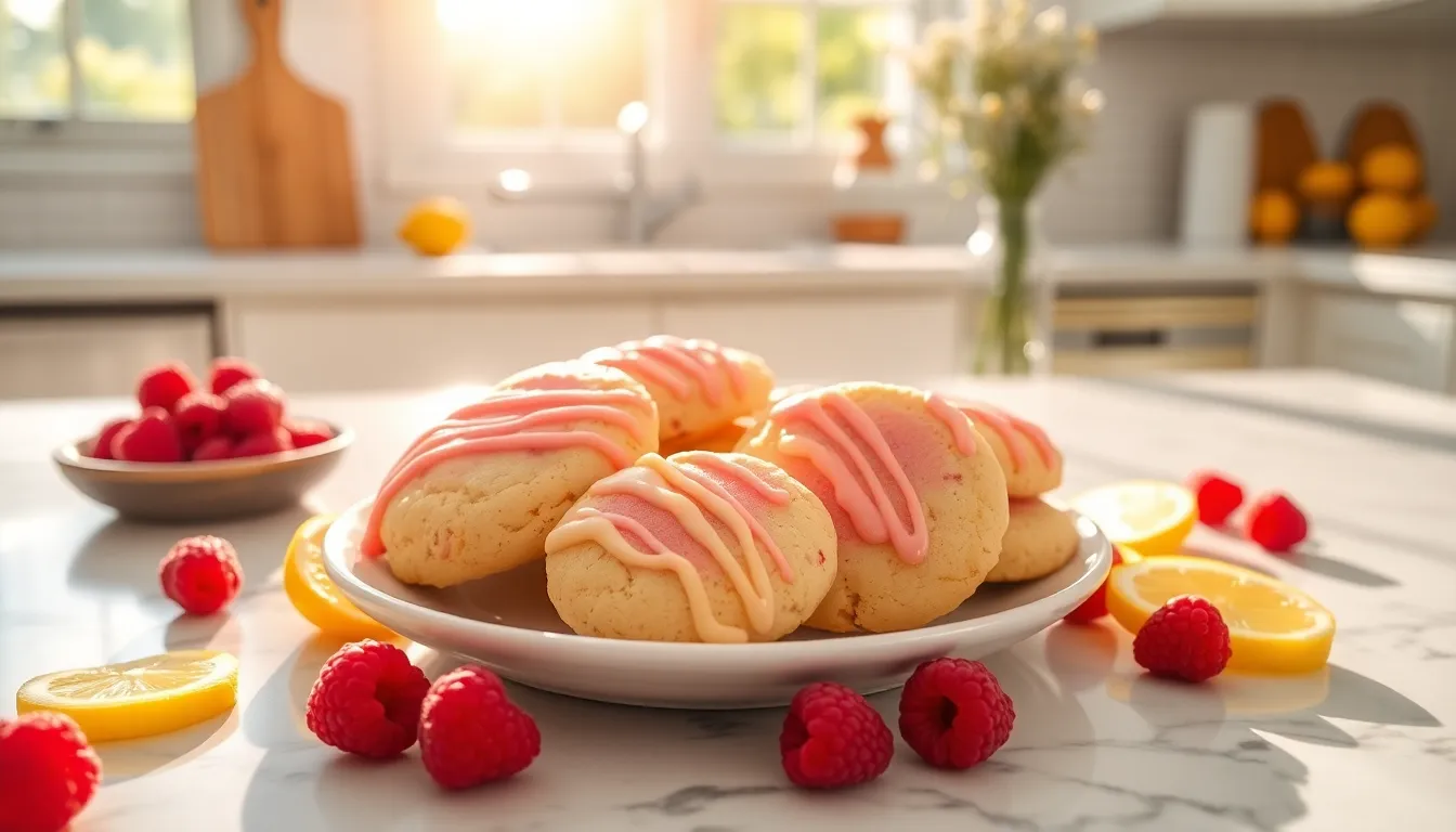plate of raspberry lemonade cookies in a sunlit kitchen setting.