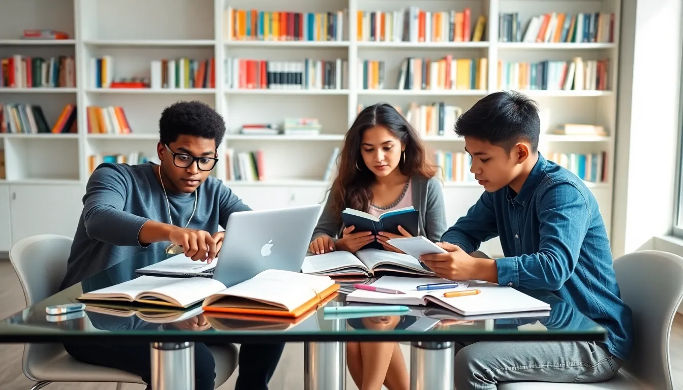 Students collaborating on homework in a modern study space.