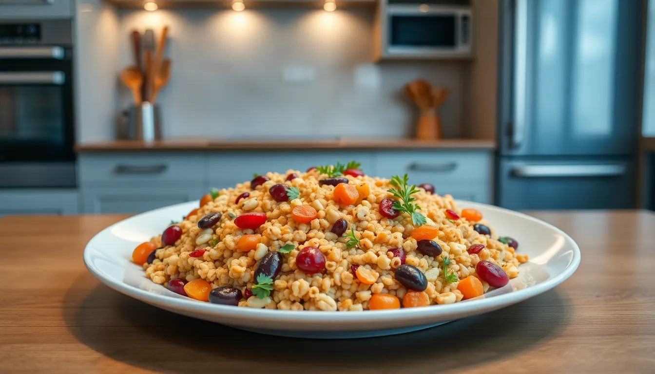 A vibrant plate of pırnu with nuts and dried fruits in a modern kitchen.