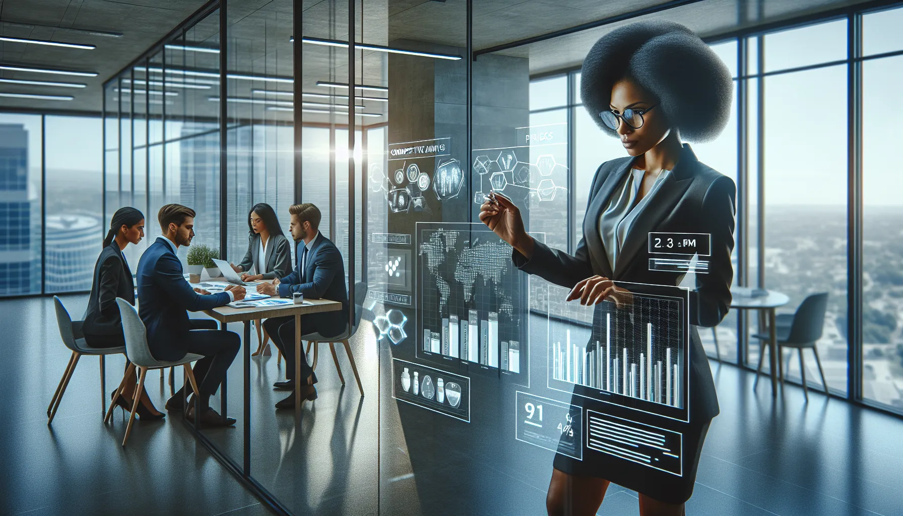 team discussing pharmaceutical comparisons in a modern office.