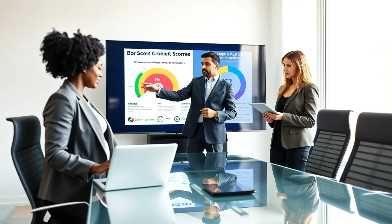 diverse professionals discussing credit scores in a modern office.