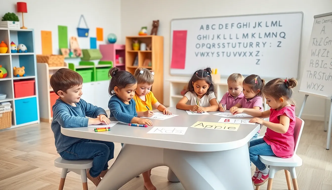 preschool children engaged in writing activities with colorful worksheets.