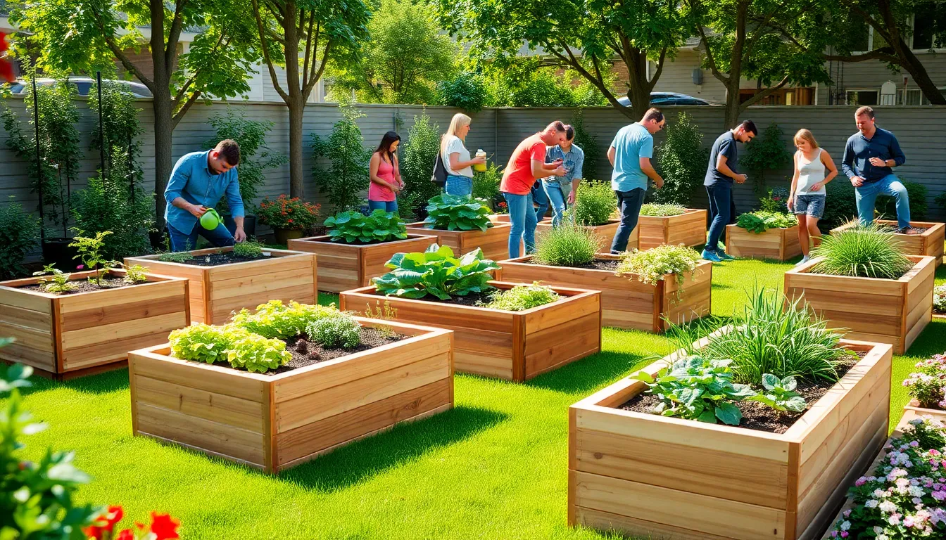 diverse gardeners tending to raised gardening boxes in a bright backyard.