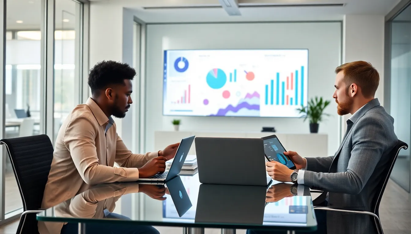 diverse team collaborating on data analysis in a modern office.