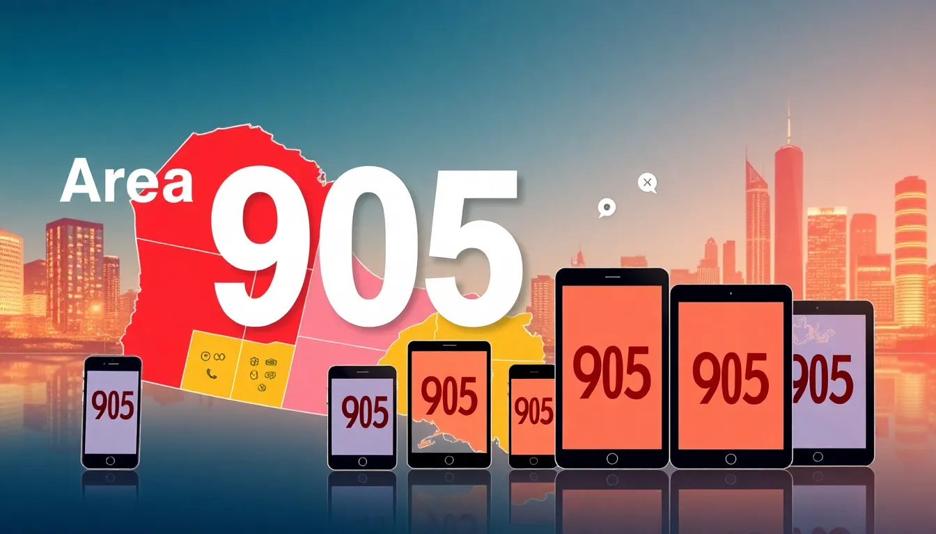 Stylized map of Ontario showing area code 905 with modern devices.