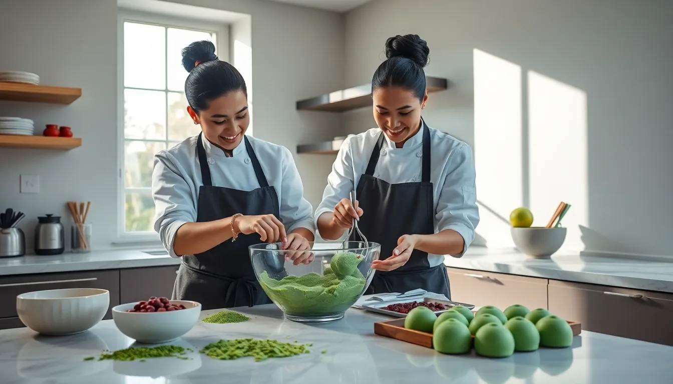 chefs creating green mochi desserts in a modern kitchen.