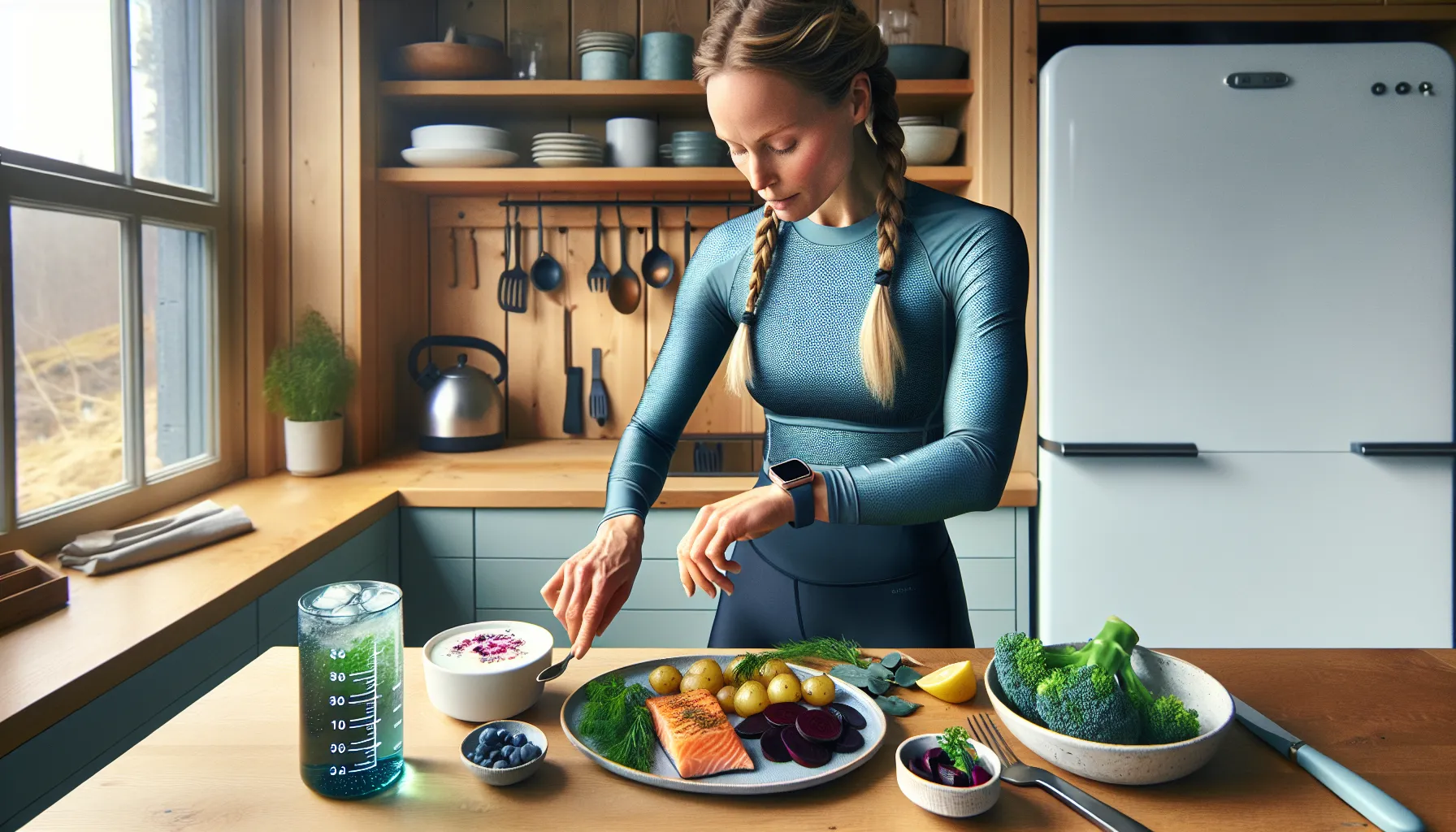 Hvordan kombinere kosthold og trening for optimal restitusjon 2 Norwegian athlete plating a balanced post-workout meal with water and smartwatch.