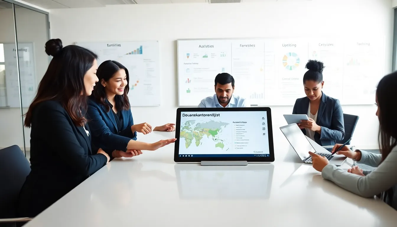 diverse professionals discussing customs offices in a modern office.