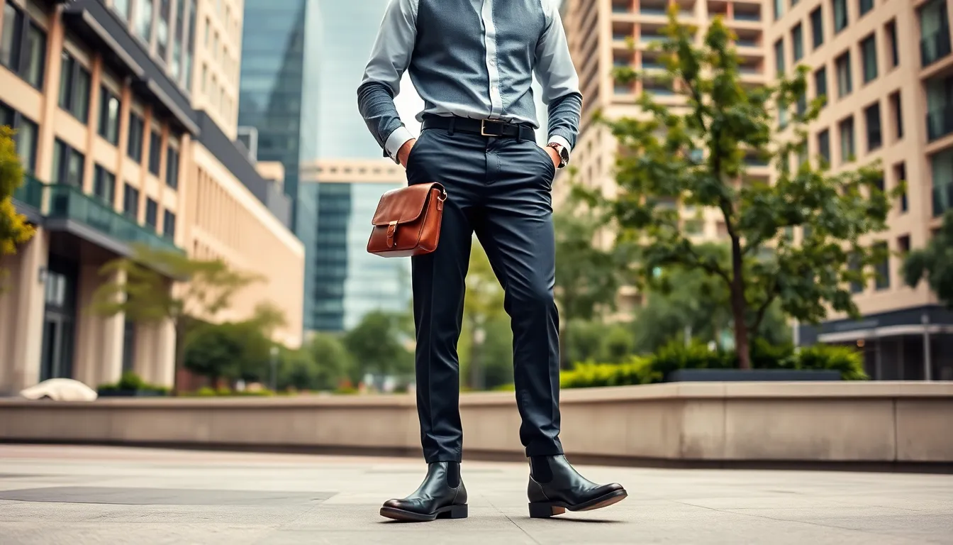 man stylishly wearing black Chelsea boots in an urban setting.