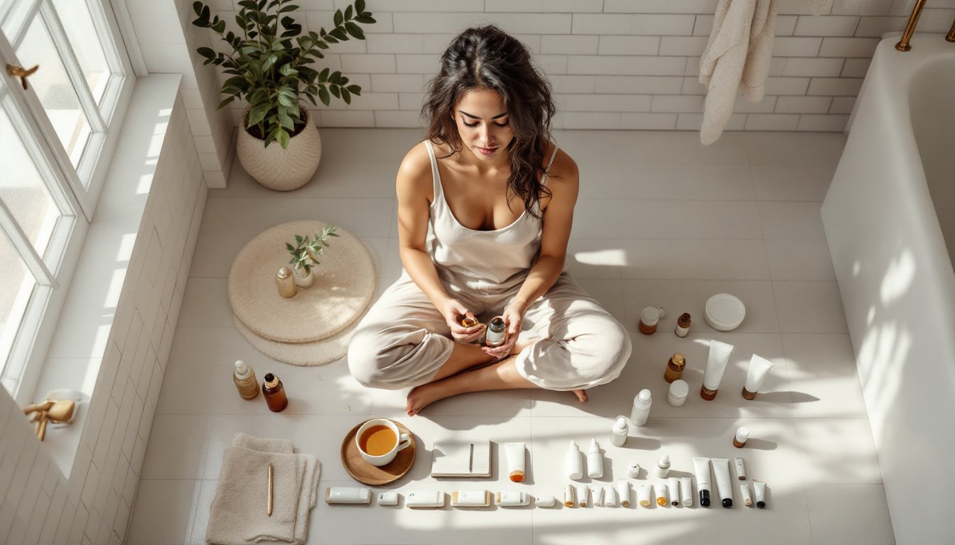 A woman auditing skincare products organized by category on a sunlit bathroom floor.