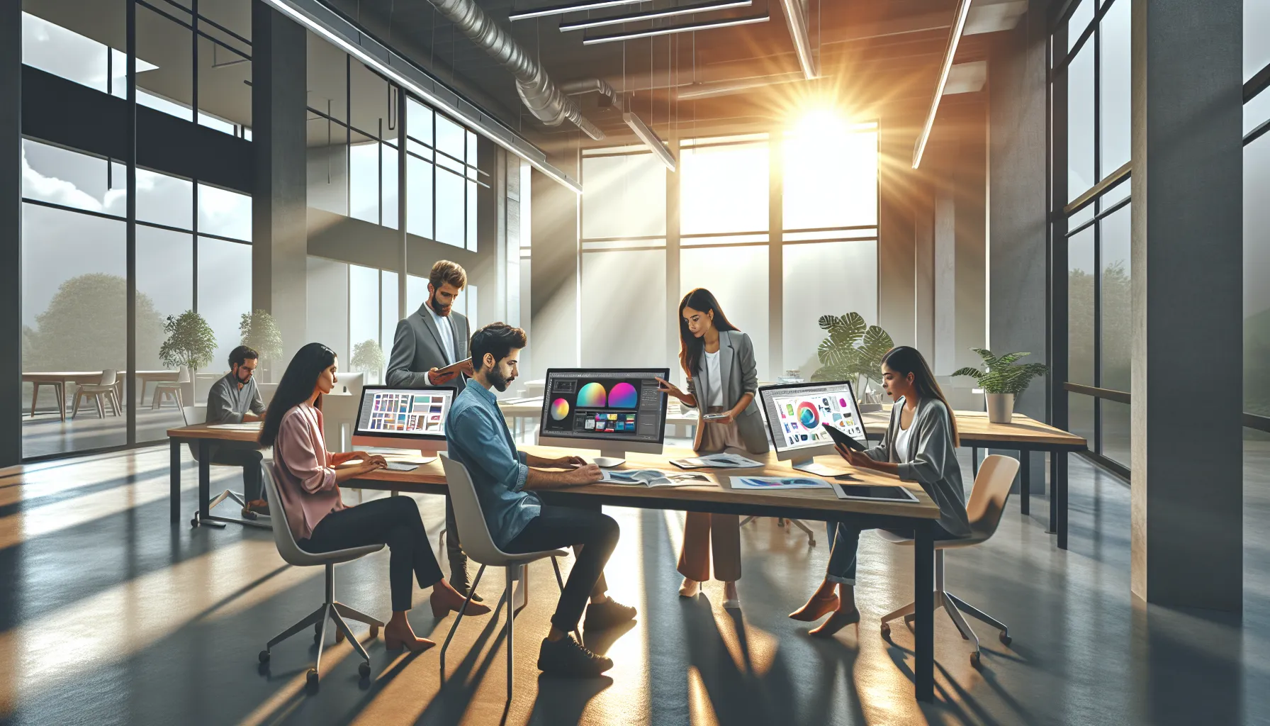 diverse team working on digital designs in a modern office.