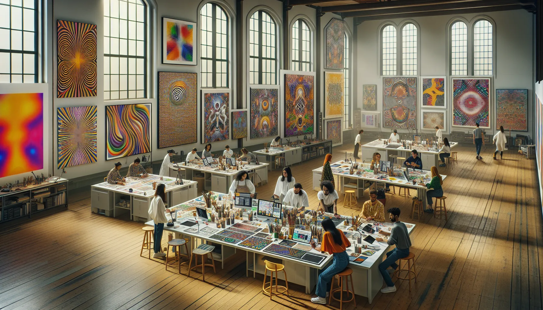 diverse artists collaborating in a modern creative studio.