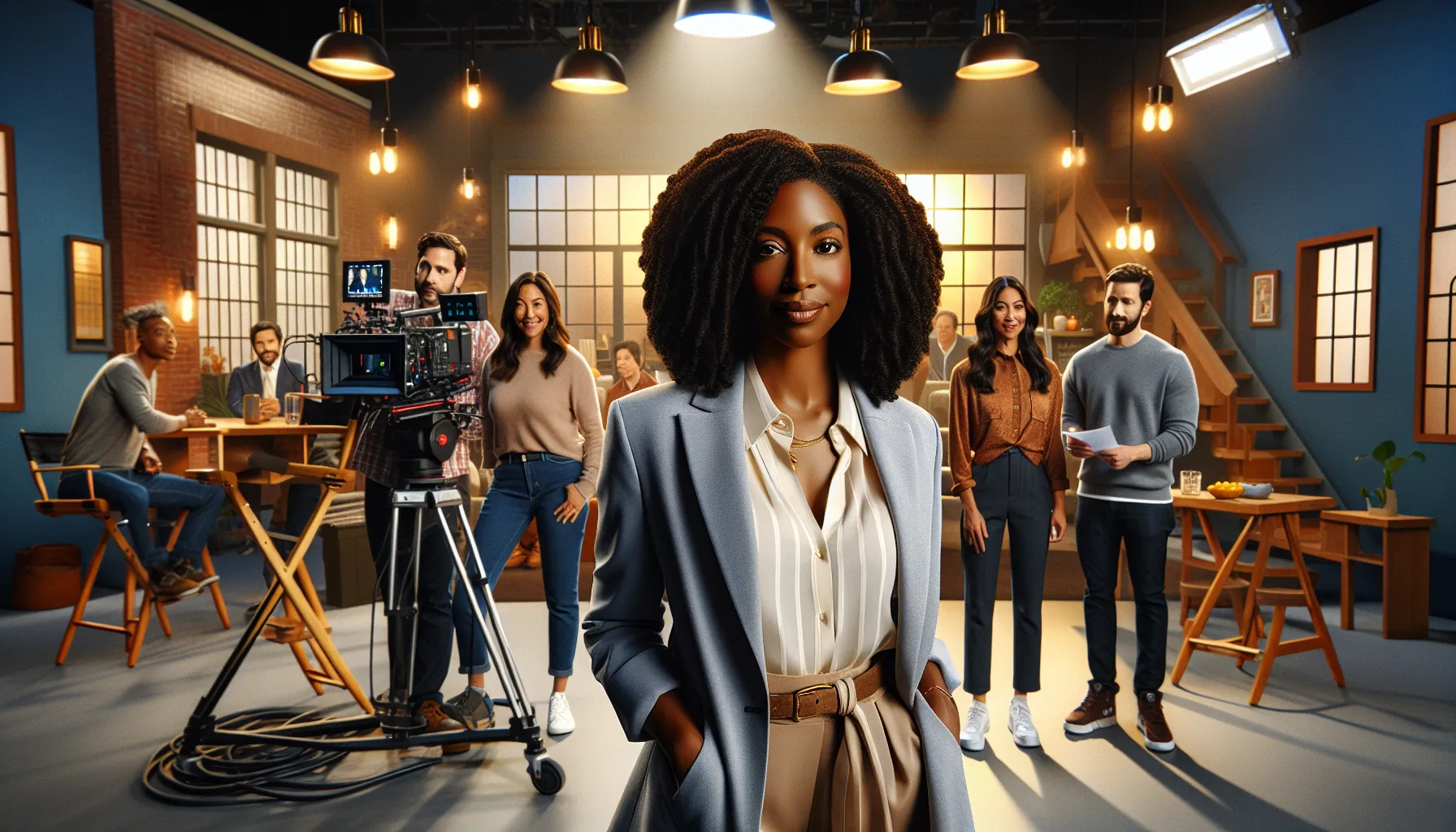 A guest star interacts with main cast in a television studio setting.