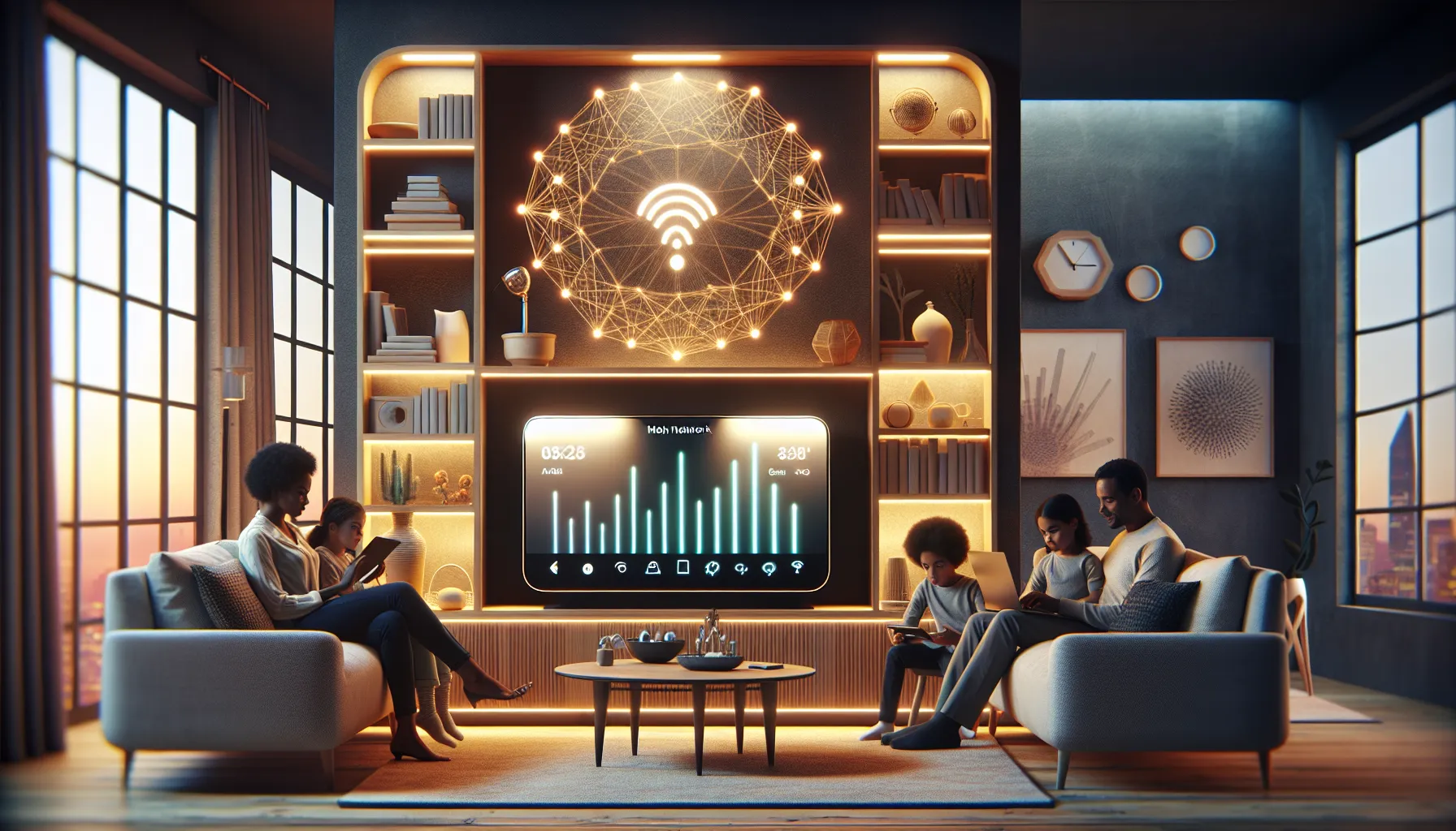 Orbi Satellite in a modern living room with family using devices.