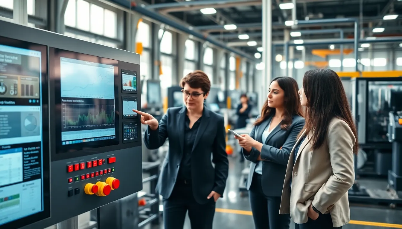 diverse team interacting with a modern automation control panel in an industrial setting.