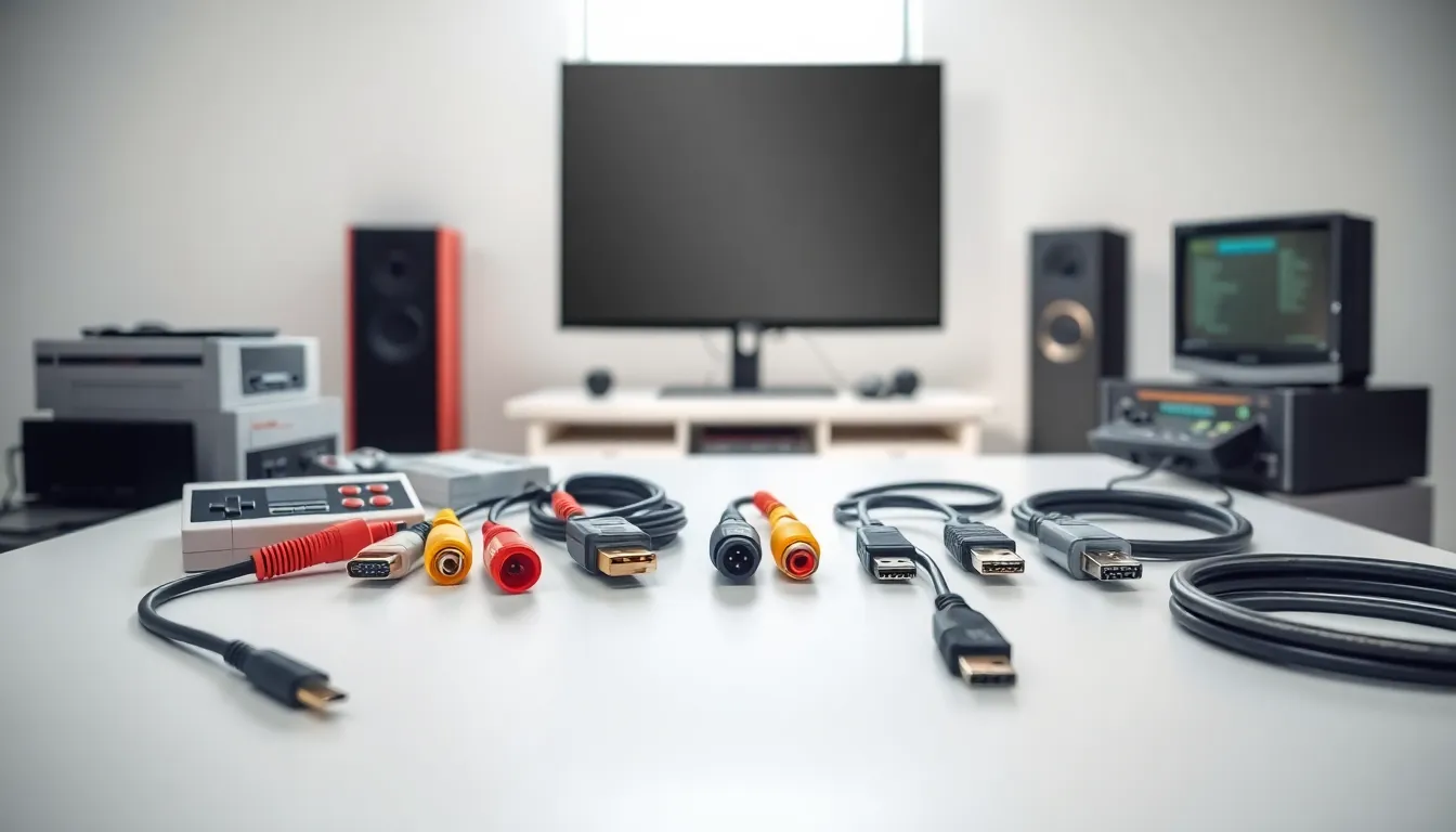 various retro gaming cables on a modern workspace.