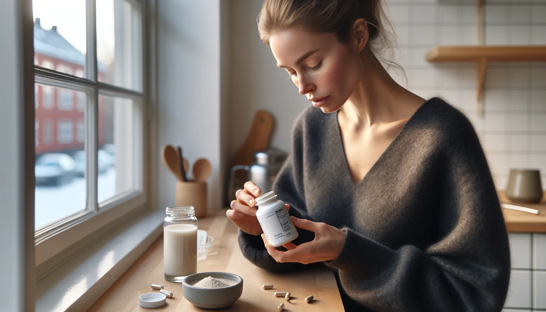 Hva er forskjellen på probiotika og prebiotika? 3 Norwegian woman reads probiotic label beside kefir and sauerkraut in kitchen.