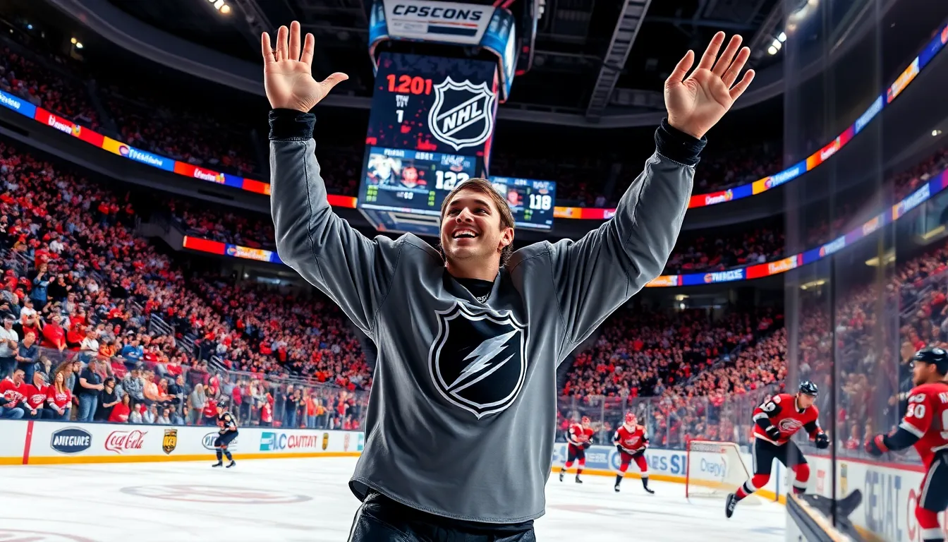 hockey player celebrating goal in a vibrant arena.
