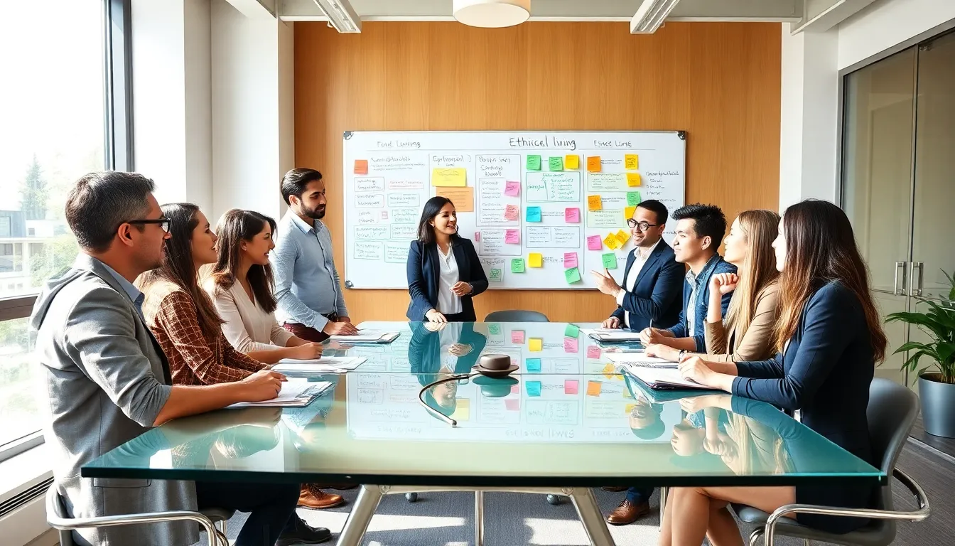 diverse professionals discussing sustainable living in a bright office.