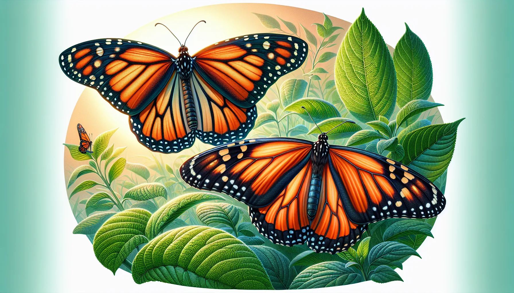 A Monarch and Viceroy butterfly on green leaves, showing their distinct wing patterns.