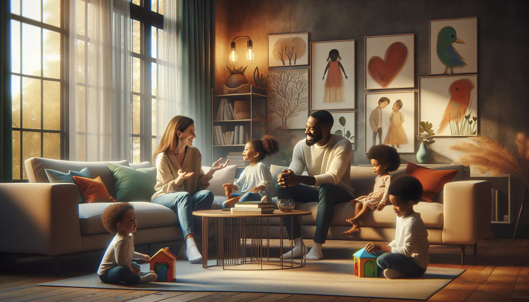 diverse parents discussing parenting philosophy in a cozy living room.