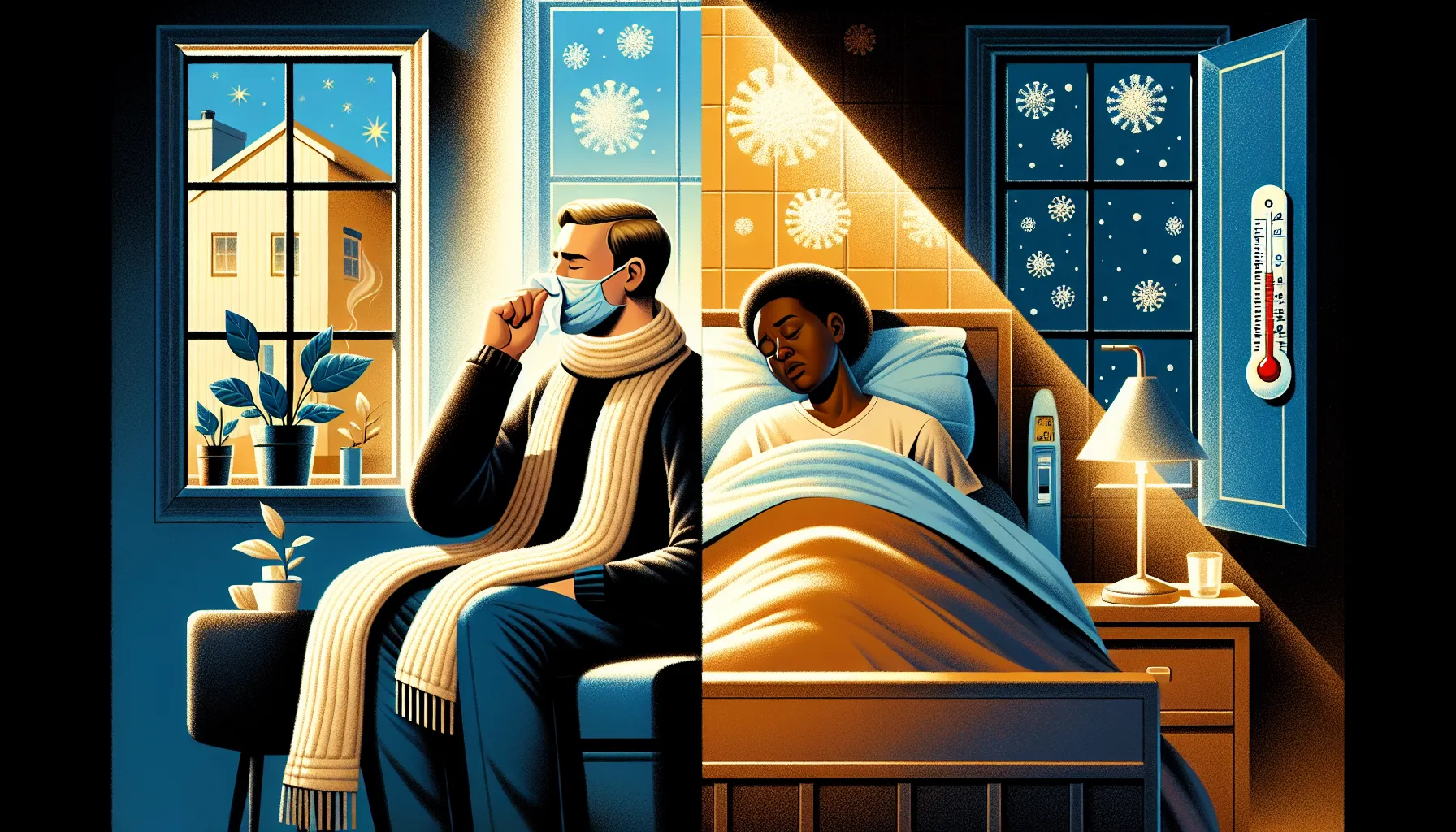 Individuals exhibiting contrasting symptoms of cold and flu in two adjacent settings.