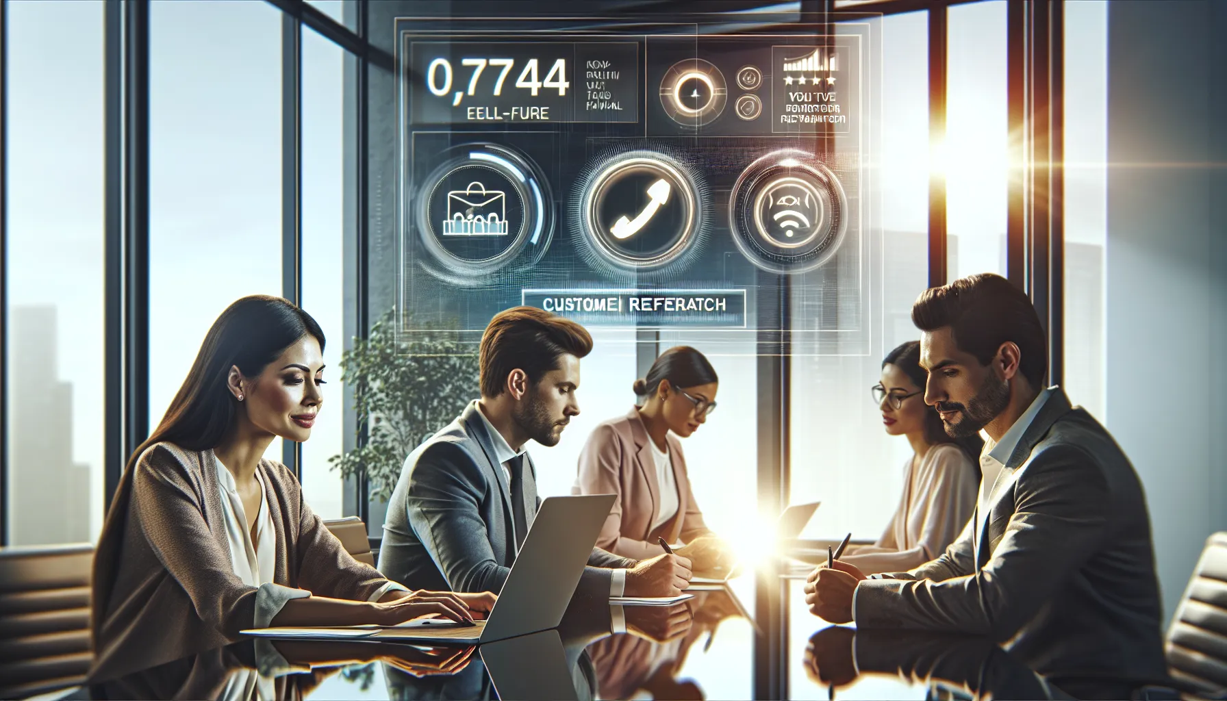 business professionals verifying a toll-free number in a modern office setting.